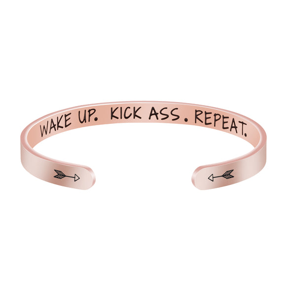 Wake Up Kick Ass Repeat Mantra Hidden Message Cuff Bracelet